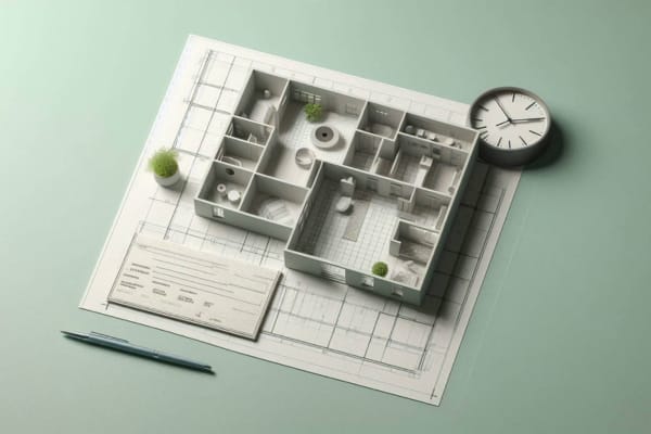 Un plan d'appartement, une horloge et un chèque